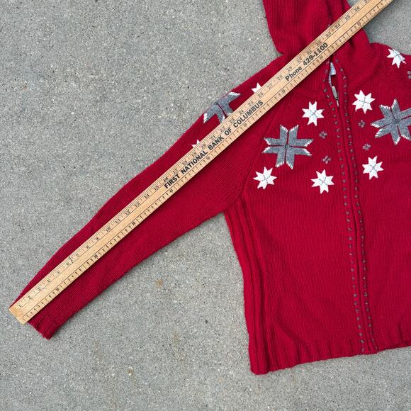 Y2K Eddie Bauer Lambswool Fair Isle Quilt Barn Star Snowflake Hooded Cardigan LG - Picture 10 of 10